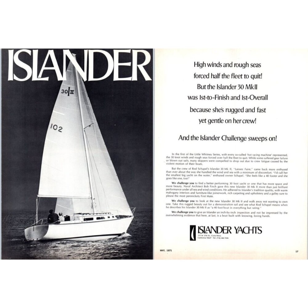 1971 Islander 30 MK II Sailing Yachting Vintage Print Ad Yachting 70s Wall Art